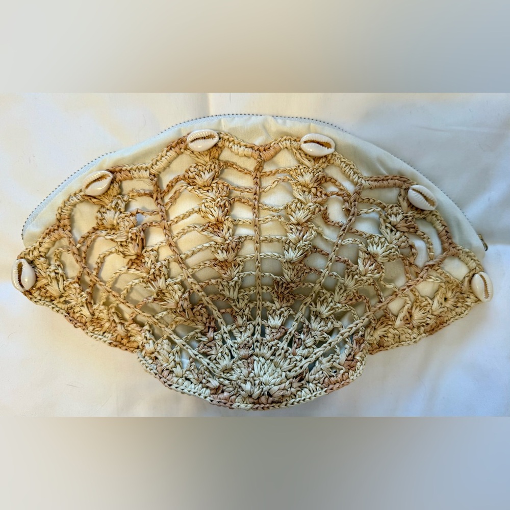 Sensi Studio Cream Shell Clutch with Intricate Lace Pattern